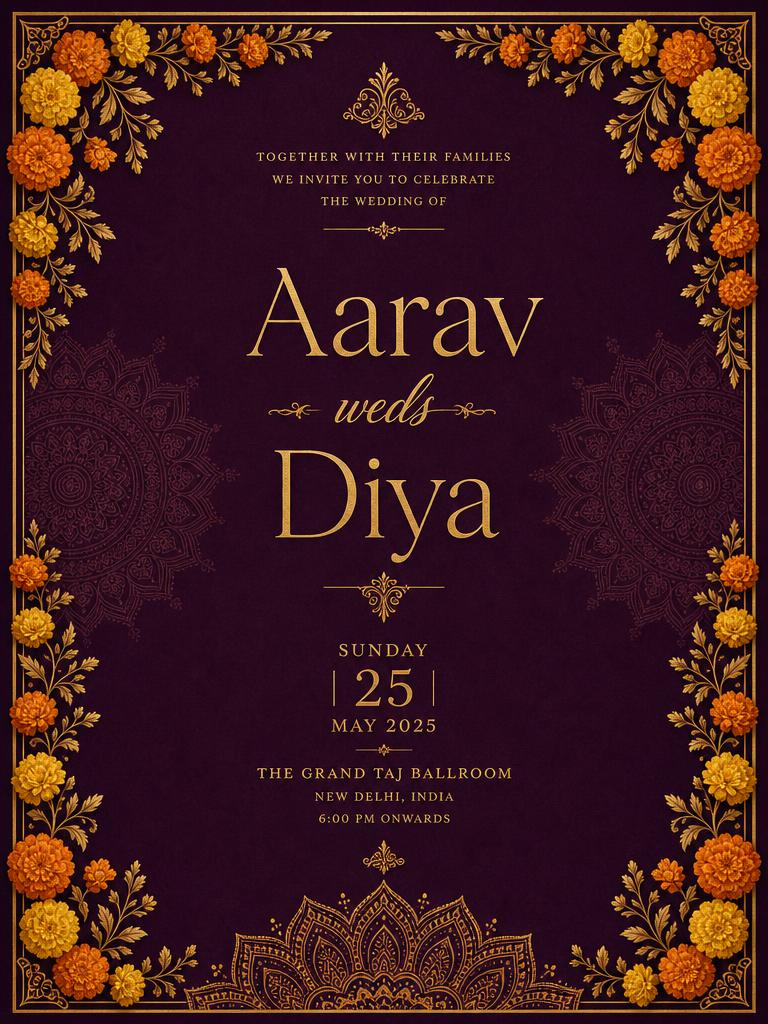 Royal plum wedding invitation card template — editable design from the Utsavly bundle