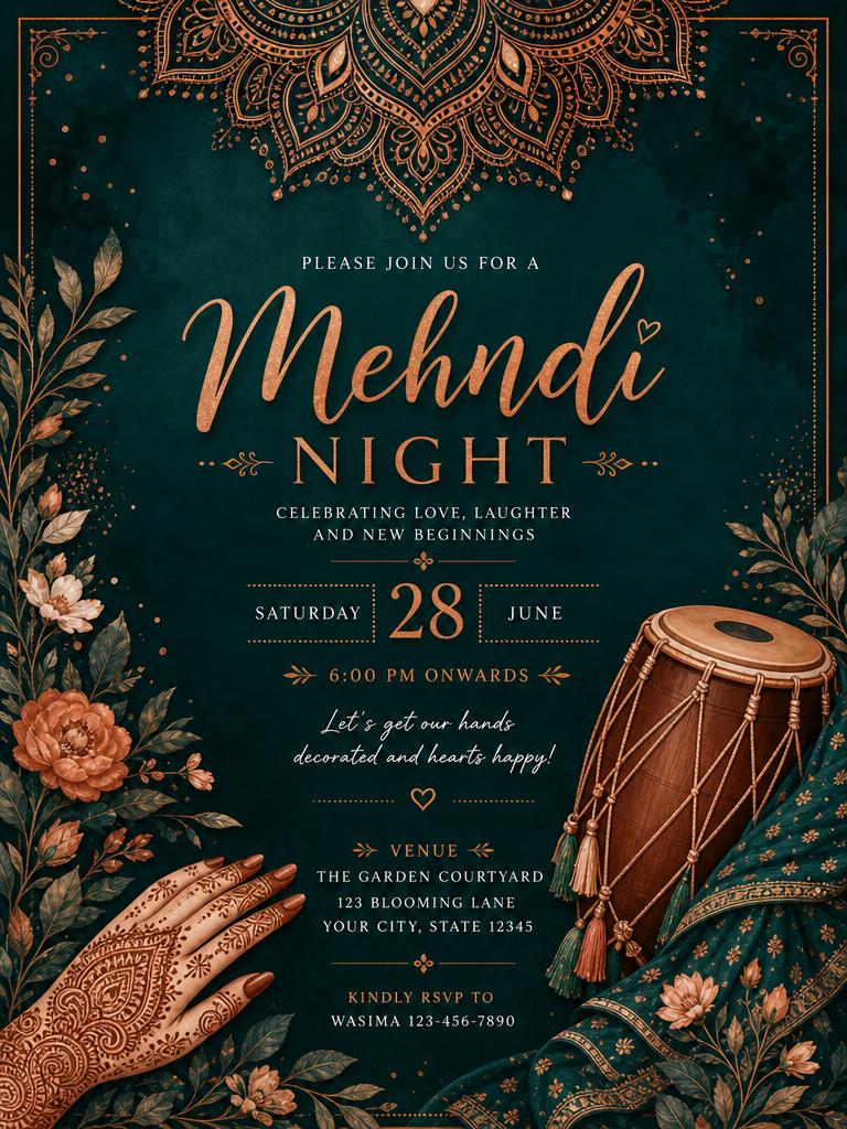 Mehndi night invitation card template — editable design from the Utsavly bundle