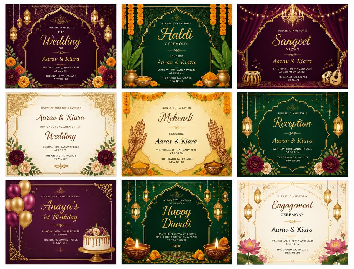 Grid of wedding, haldi, sangeet, birthday and festival invitation templates